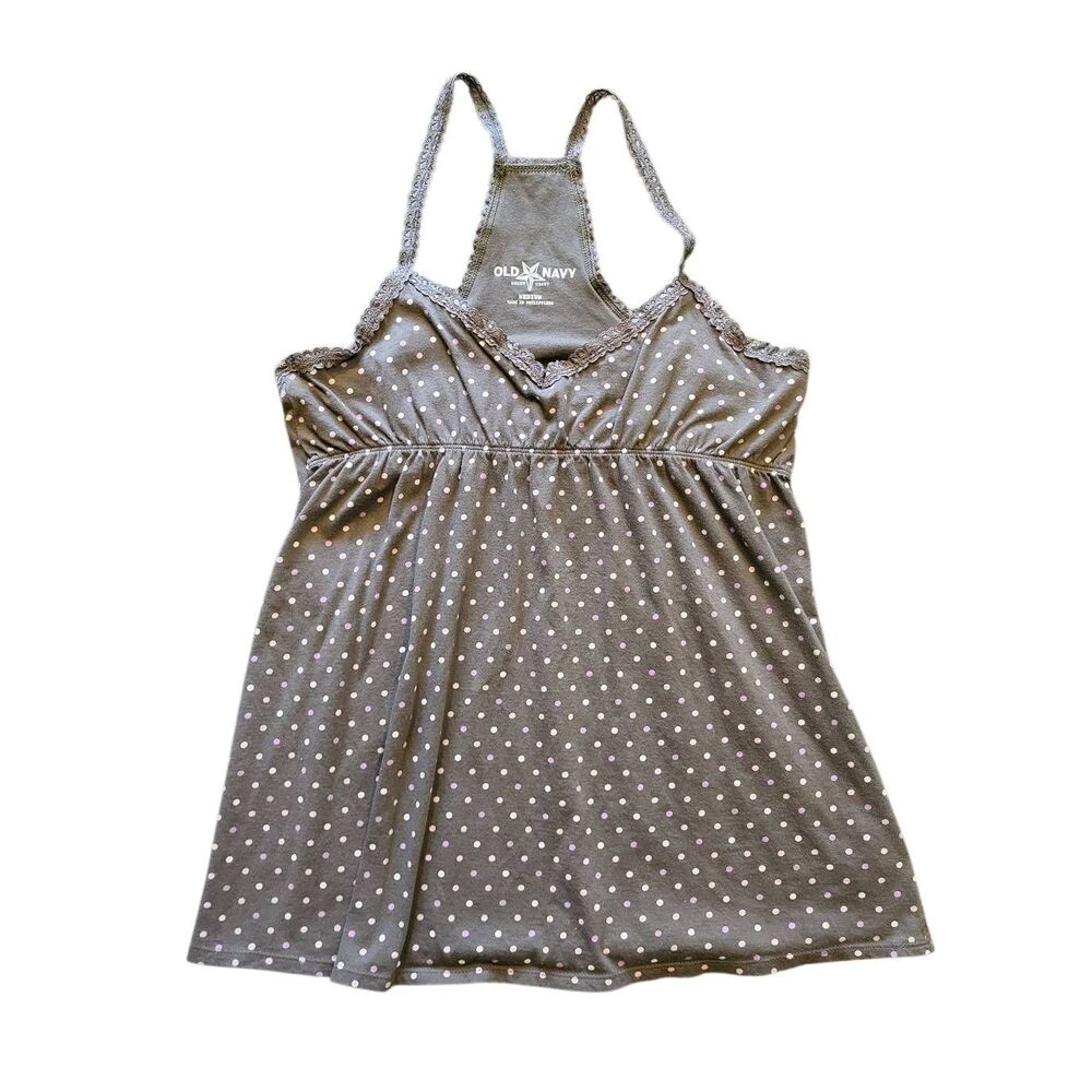 Vintage Y2K Old Navy Tank Women's Medium Brown Polka Dot Babydoll Lace Cami